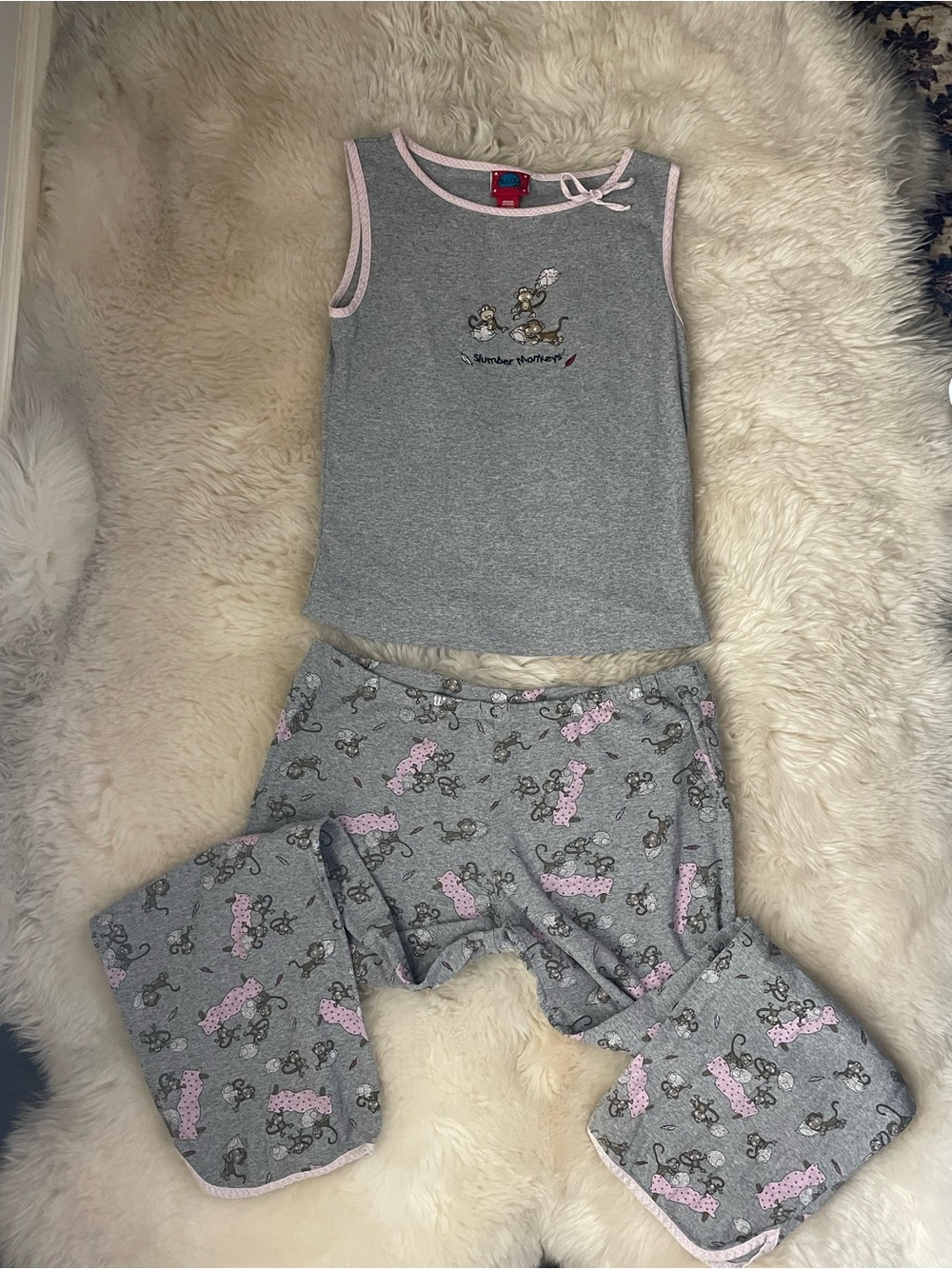 Vintage | Rare Bobby Jack Pillow Talk Slumber pink & grey Monkey Pajama Set M